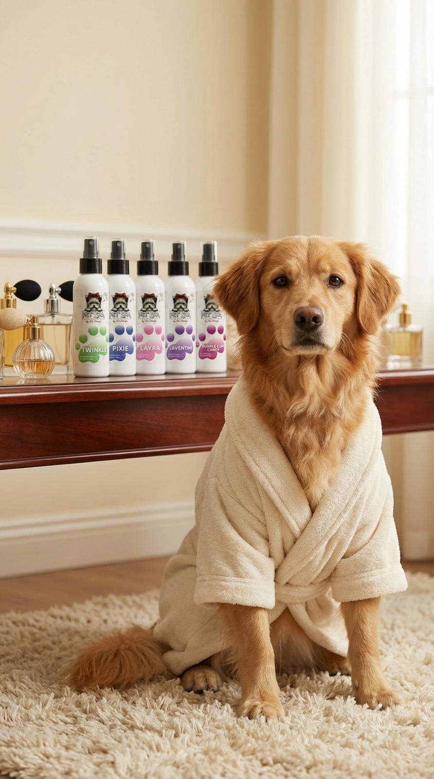 Golden retriever in a spa robe with the five PET SPA perfumes