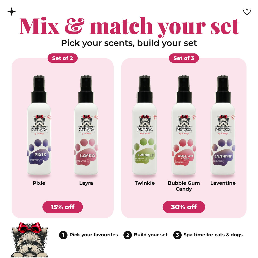 Mix & match your Pet Spa set – any scents: Set of 2 15% off, Set of 3 30% off