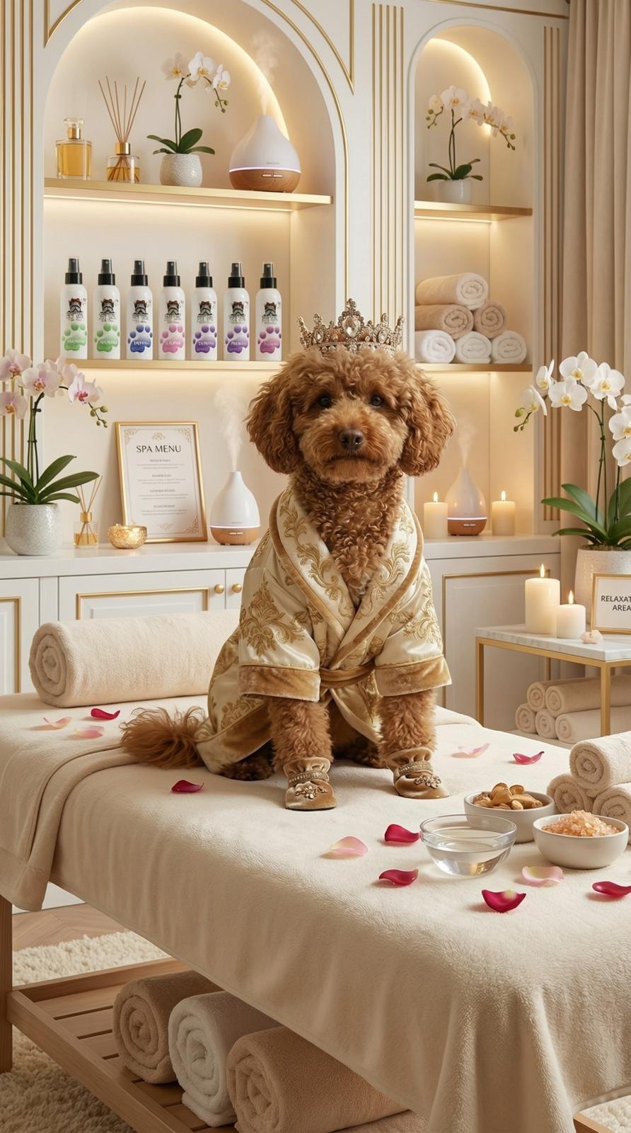 Poodle with a crown relaxing in a spa with PET SPA perfumes