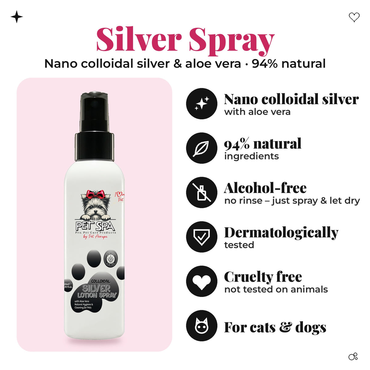 PET SPA Silver Spray 120ml – nano colloidal silver with aloe vera, 94% natural ingredients, for cats & dogs
