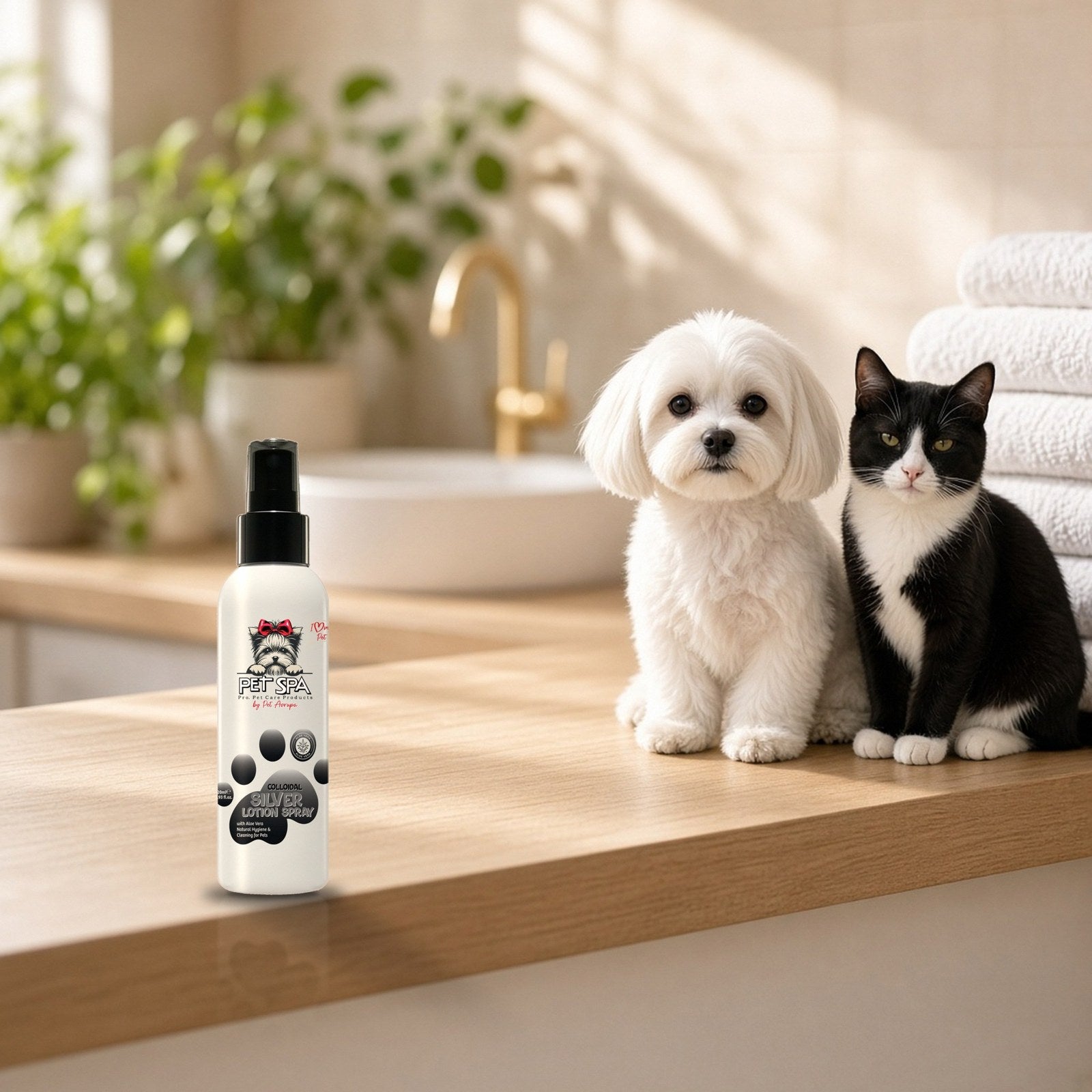 Dog and cat with PET SPA Silver Spray in a bright bathroom