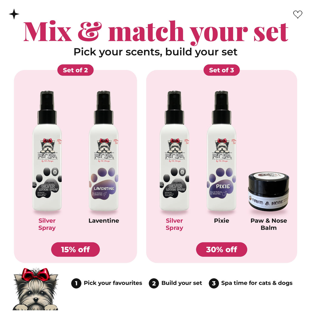 Mix & match your Pet Spa set – Silver Spray: Set of 2 15% off, Set of 3 30% off